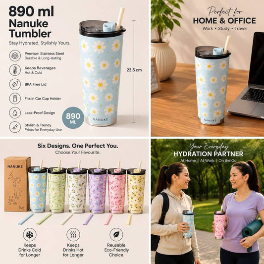 Zuviko NANUKE 890 ML Stainless Tumbler with Straw & Lid 890 ml Stainless Steel Sipper